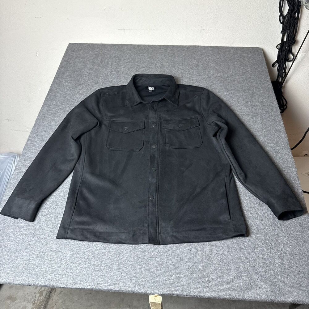 FRYE Faux Suede Shirt Jacket Men's Medium Black Snap Flap Pockets Long Sleeve